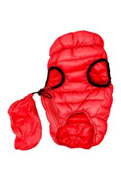 a red puffy jacket with goggles attached to the front and back ends, on a white background