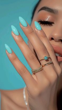 Tiffany Blue Chrome Nails, Tiffany Nails Design, Trendy Nails Ideas For Summer, Blue Nails Summer 2024, Square Nails Colors, Blue Turquoise Nails, Tiffany Blue Nails Design, Tourquise Nails, Turquoise Blue Nails