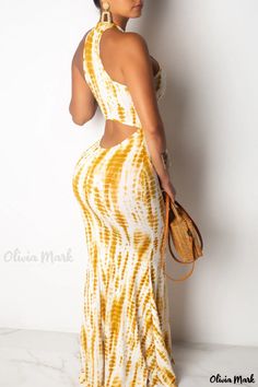 Olivia Mark - Womens Yellow and White Floral Halter Dress Featuring Exquisite Patchwork Detailing Perfect Spring Outfit, Straight Clothes, Floral Halter Dress, Casual Wear Dress, Dye Dress, Tie Dye Maxi Dresses, Tie Dye Maxi, Sleeveless Long Dress, فستان سهرة