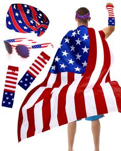 a man holding an american flag with sunglasses on his head and other patriotic items around him