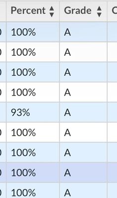 the table has different numbers and symbols for each student's grade, grade, and percentage