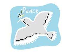 a white bird flying in the sky with peace written on it