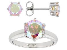 Bella Luce® champagne aurora borealis diamond simulant 6.00ctw round, platinum over sterling silver jewelry set. Ring Measures approximately 0.81" L x 0.38" W and is not sizeable. Earrings measure approximately 0.25" L x 0.25" W and have push back backings. The diamond equivelent weight is 3.63ctw. Silver Jewelry Sets With Brilliant Round Cut, Iridescent Sterling Silver Round Jewelry, Iridescent Round Sterling Silver Jewelry, Elegant Round Iridescent Jewelry, Elegant Iridescent Round Jewelry, Silver Jewelry Sets With Prong Setting For Anniversary, Iridescent Round Gemstone Jewelry, Elegant Iridescent Jewelry For Anniversary, Iridescent Elegant Jewelry For Anniversary