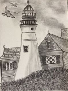 a drawing of a lighthouse with birds flying around it