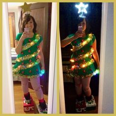 Dress Up Like A Christmas Tree, Christmas Ornaments Costume, Diy Christmas Tree Costume Women, Christmas Tree Dress Up, Christmas Tree Outfit Kids, Shiny And Bright Christmas Outfit, Diy Christmas Tree Dress, Wacky Tacky Christmas Outfits, Dress Like A Christmas Tree For School