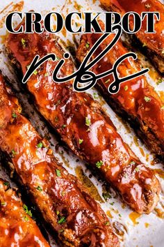 an image of ribs covered in bbq sauce on a white plate with the words crockpot ribs above it