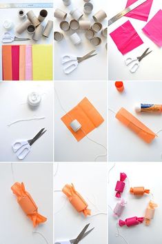 many different types of crafting supplies on a white surface with scissors, tape and thread