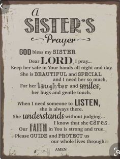 a sign that says sister's prayer with an image of the words on it