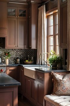 a kitchen filled with lots of wooden cabinets and counter top space next to a window