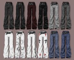 six pairs of pants with crosses on the side, all in different colors and sizes