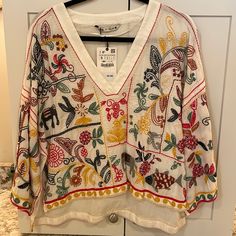 Very Cute And Fun Zara Top - Nwt! Zara Multicolor Embroidered Top For Spring, Zara Italian Fabric, Navajo Blouses, Zara Bohemian Embroidered Top For Summer, Zara Embroidered Bohemian Blouse, White Embroidered Zara Tops, Zara Embroidered White Tops, Zara White Embroidered Tops, White Zara Embroidered Top