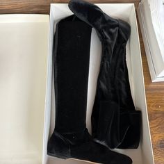 Brand New Knee High Boots Black Velvet Material Chic Fitted Boots With Flat Heel, Fitted Low Heel Luxury Boots, Luxury Fitted Low Heel Boots, Elegant Flat Heel Boots For Party, Elegant Flat Heel Party Boots, Elegant Black Boots For Galas, Elegant Suede Boots With Flat Heel, Elegant Boots With Round Toe For Cocktail, Chic Black Boots For Galas