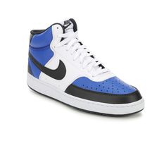 Durable upper, Secure lace-up closure, Cushioned insole, Shock absorbing midsole, Rubber traction outsole, Breathable fabric lining, Padded tongue and collar, Nike® branding details | Men's Nike Court Vision Mid Sneakers in Royal Blue/Black/White Size 8 Nike Casual High-top Sneakers For Sports, Casual Nike High-top Sneakers For Sports, Blue Retro High-top Sneakers For Sports, Retro Blue High-top Sneakers For Sports, Nike Casual Mid-top Basketball Shoes, Casual Nike Mid-top Basketball Shoes, Casual Nike High-top Sneakers For Light Sports, Sustainable Sneakers, Basketball Vibes