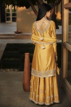 Sharara Designs Simple, Yellow Sharara, Mayon Dresses, Textile Craft, Hanging Tassels, Sharara Designs, Haldi Outfits, Sharara Pants, Embroidery Dresses