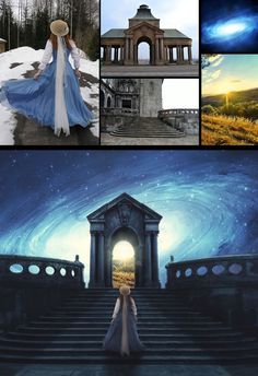 the collage shows different scenes in an artistic way, including a woman wearing a blue dress