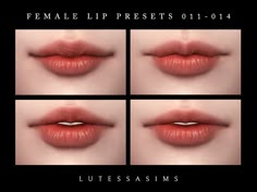 four images of different lips with the words female lip presets 101 - 014