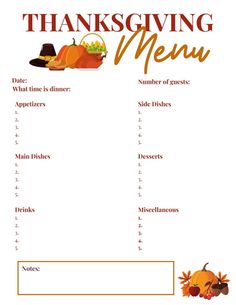 a thanksgiving menu with pumpkins, cornucts and other things to eat on it