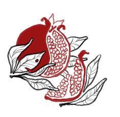 two pomegranates with leaves on them are drawn in red and black