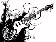 an abstract guitar with swirls and flowers on the body, in black and white