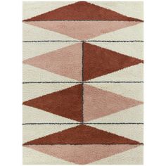 a red and white rug with different shapes