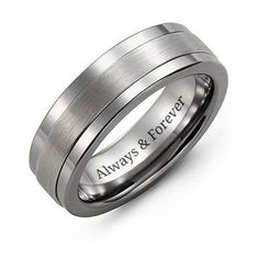 a wedding ring with the words always and forever engraved on it, in white gold