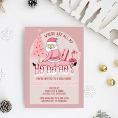 a pink and white christmas party card with santa clause on it