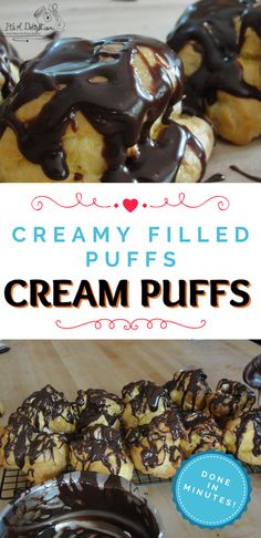 cream filled puffs with chocolate drizzled on top and in the middle