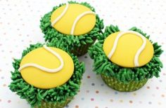 three cupcakes with tennis balls on them