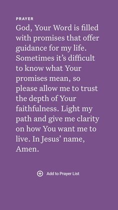 a purple background with the words prayer, god, your word is filled with promises that offer guidance for my life sometimes it's difficult to know what