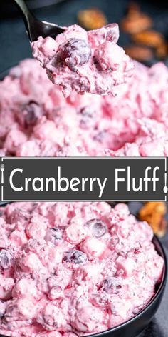 a spoon full of cranberry fluff in a black bowl with the title above it