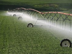 a row of sprinklers spraying water on a green field with crops in the background