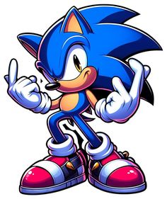 sonic the hedge is pointing at something with one hand and his thumb in the air