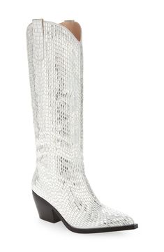 Go for rancher-style glam in this Western-inspired boot laden with glinting rhinestones. 2 1/2" heel 14" shaft; 15 1/2" calf circumference Synthetic upper, lining and sole Imported Asian Owned/Founded Glamorous Knee-high Spring Boots, Elegant Embellished Knee-high Boots, Evening Boots With Rhinestones For Spring, Rhinestone Boots For Evening And Spring, Rhinestone Evening Boots For Spring, Evening Rhinestone Boots For Spring, Elegant Knee-high Boots With Rhinestones, Elegant Knee-high Rhinestone Boots, Knee-high Evening Boots With Rhinestones