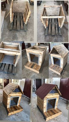 several pictures of different types of dog houses made out of pallets