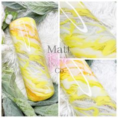 three different images of yellow and white marbled items with the word matte on them