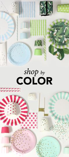 various plates and napkins on display with the words shop by color written below them