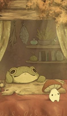 a cartoon frog laying on top of a bed next to a mushroom hat and other items