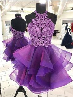 Prom Dresses Short Purple, Purple Homecoming Dress, Purple Tulle, Lace Prom Dresses, Organza Lace, Mini Prom Dresses, Mini Homecoming Dresses, Tulle Homecoming Dress, Purple Dresses