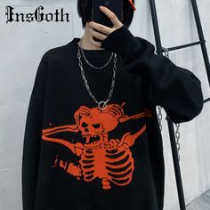 Sweater Jumper Full Sleeve Female Streetwear Sweaters Y2k Aesthetic Fashion, Streetwear Sweater, Skull Sweater, Oversized Sweater Women, Pull Oversize, Women Sweaters Winter, Gothic Punk, Oversized Knitted Sweaters, Pattern Sweater