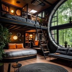 a loft bed in the middle of a room with large windows and lots of furniture