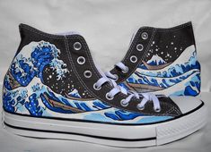 Hand Painted Converse Shoes Custom Painted Shoes, Custom Converse, Great Wave Off Kanagawa, Hand Painted Shoes