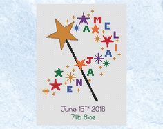 a cross stitch pattern with a star and sparkler on it's side, in the shape of a birth announcement