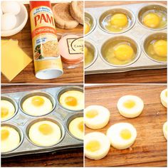 eggs are being cooked in muffin tins and then put into cupcake pans