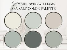 four different shades of gray and white paint on a wall with the caption sea salt color palette