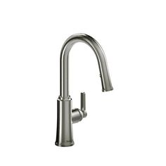 a chrome faucet on a white background with the water running from it's spout