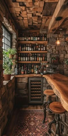 an old fashioned bar with wooden shelves and stools