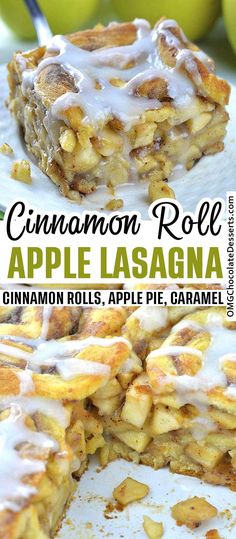 cinnamon roll apple lasagna on a plate with a fork