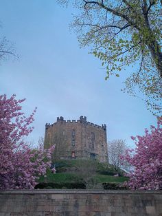 an old castle is surrounded by trees and flowers