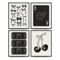 four black and white cards with bows, bow ties and cherries on the front