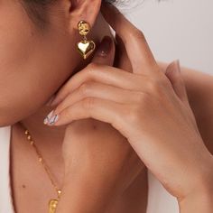 Embrace the essence of romance with Heart Drop Earrings, beautifully crafted in 18k gold plating. These earrings feature an elegant heart design that delicately drops, adding a touch of love and sophistication to any ensemble. Korean Fashion Chic, Chunky Gold Hoop Earrings, Amazon Jewelry, Earrings Double, Drop Earrings Gold, Color Heart, Chunky Earrings, 18k Gold Earrings, Heart Drop Earrings